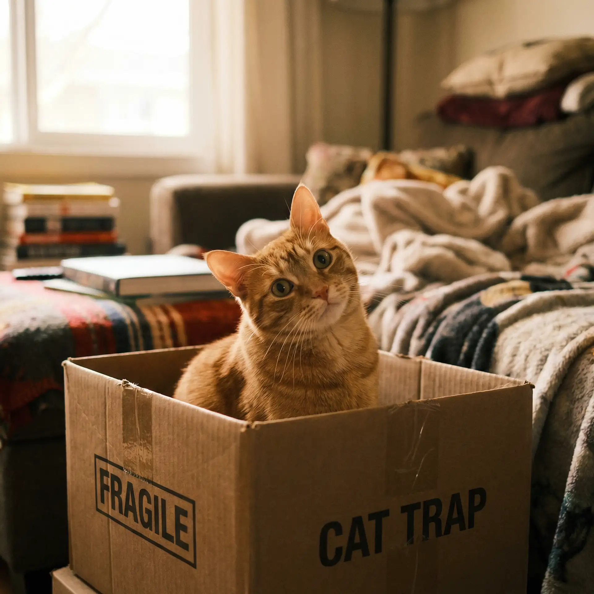 橘猫躲在纸箱里 - 张婉莹活的不如水性笔